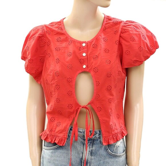 Sandy Liang Cameo Blouse Top Eyelet Embroidered Ruffle Red Cotton M-8 New 270756 - Picture 5 of 8